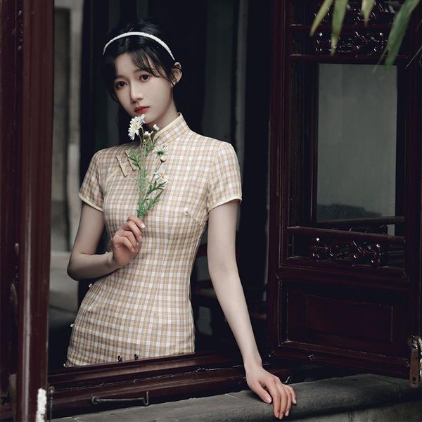 

casual plaid print qipao traditional chinese style clothing vintage modern improved cotton linen cheongsam for women ethnic, Red