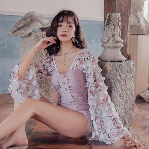 

one-piece suits 2021 korean bikini swimsuit one piece woman mesh swim bathing female print monokini swimwear long sleeve beach wear maio