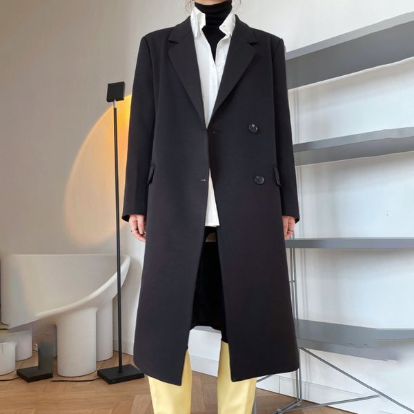 

women's wool & blends [ewq] casaco comprido feminino da coreia, novo blazer longo simples com lapela de comutaÃ§Ã£o, na moda, para outono, Black