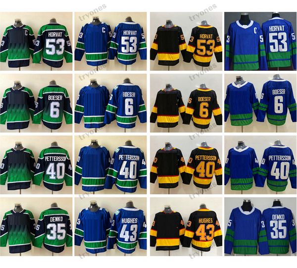 

2021 reverse retro hockey jerseys green home 53 bo horvat (c) 6 brock boeser 40 elias pettersson 43 quinn hughes 35 thatcher demko 50th blac, Black;red