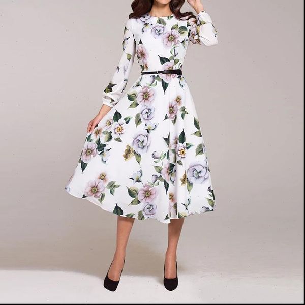 

women casual dress wrist sleeve print party vestidos ladies elegant vintage a line dresses no belt summer autumn, Black;gray