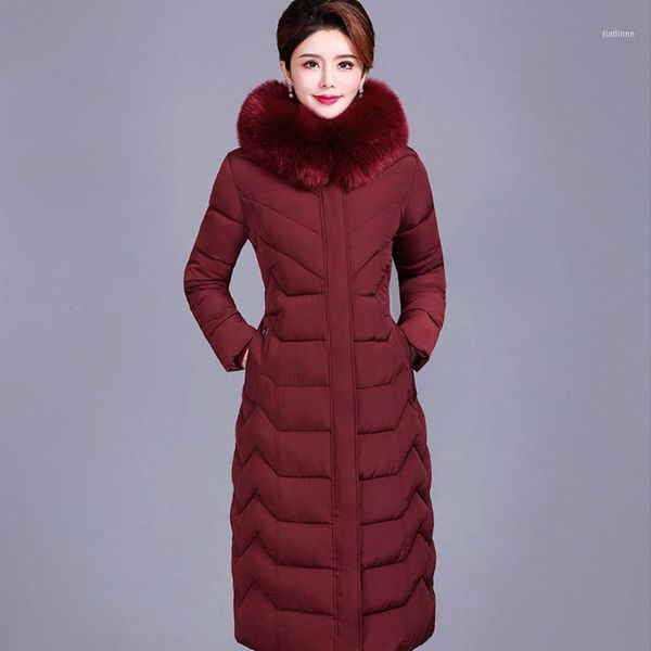

big collar down parka long thickening coat padded jacket lady knee high 8121, Black