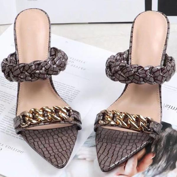 

sandals summer stiletto heels handmade braiding pointy toe metal chain for women slip-on fashion shoes size 42, Black