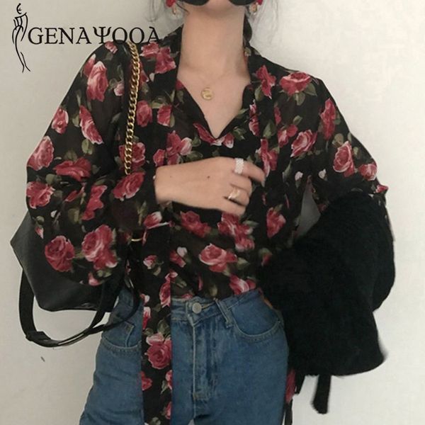 

genayooa vintage womens office and blouses with bow chiffon blouse floral long puff sleeve for women korean 210417, White