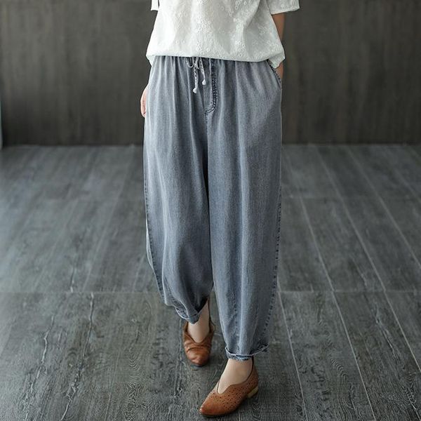 

women's jeans 2021 summer women elastic waist drawstring loose denim pants casual pocket female all-match trousers retro, Blue