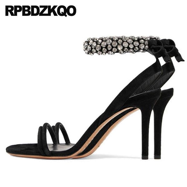 

ankle strap suede embellished pumps bridal sandals shoes women black rhinestone high heels ladies open toe stiletto crystal dress