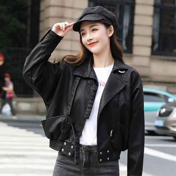 

women's leather & faux 2021 autumn women streetwear solid pu soft jacket casual female motorcycle biker zipper big pocket coat x534, Black