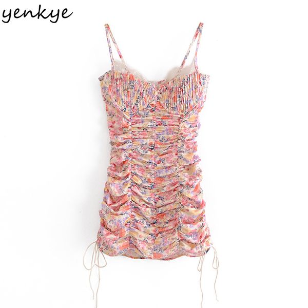 

yenkye sweet floral print sling dress women chic lace trim v neck sleeveless draped bodycon mini dress party robe femme, Black;gray