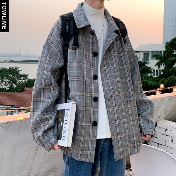 

men's jackets men korean style plaid overcoat 2021 autumn mens streetwear windbreaker harajuku fashions hip hop loose coats, Black;brown