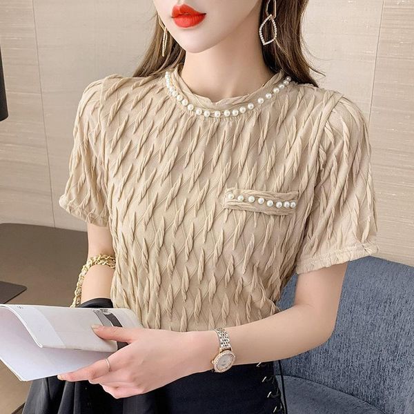 

women's t-shirt summer fashion temperament beaded pleated short-sleeved transparent lace shirt female korean version top, White