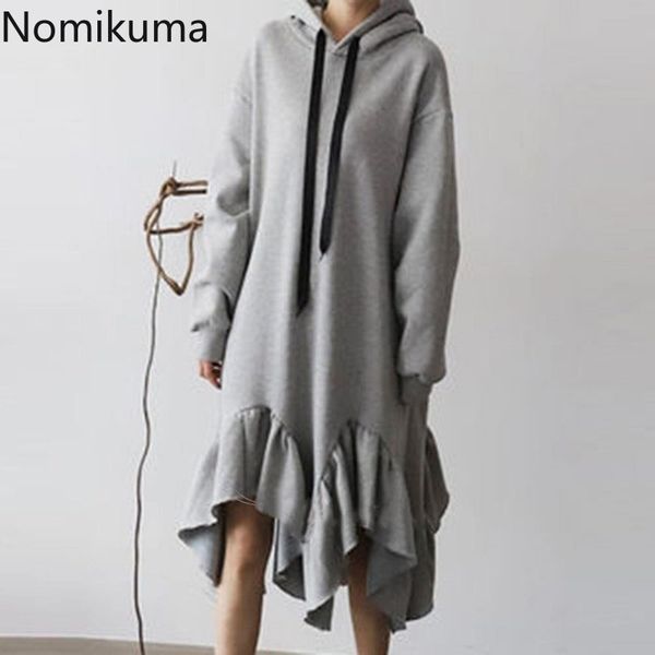 

nomikuma ruffle sweatshirt dress women casual loose long sleeve hooded dresses female solid color korean vestidos mujer 3d414 210514, Black;gray