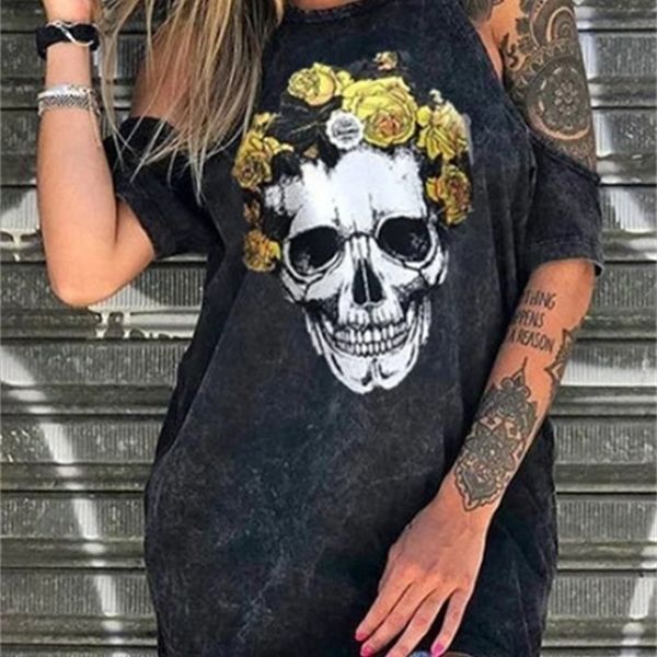 Casual Plus Size Camiseta 2020 Mulheres Solta Sexy Off Ombro Crânio Imprimir Estilo Do Punk Tops Daily Casual Femme T-shirt Top Tshirt 3xL X0628