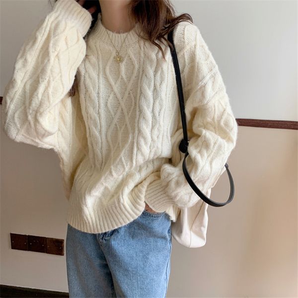 

comelol elegant o-neck solid twist sweater autumn winter vintage long sleeve female pullovers women sweaters 210515, White;black