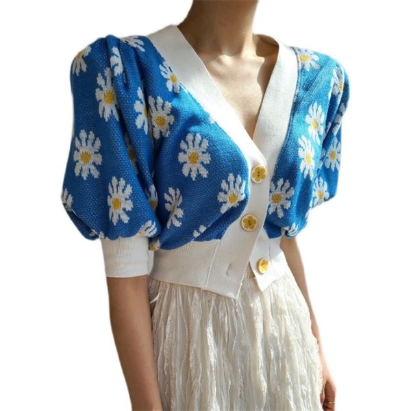 

knitted cardigan contrast color small daisy flowers short-sleeved knit v-neck cropped summer fashion women's clothing 210520, White