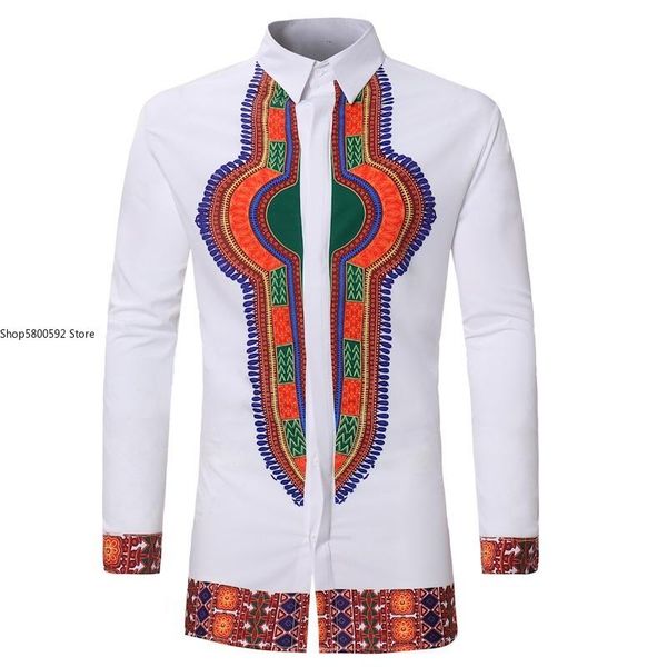 

men's casual shirts african style european and american mid-length turk print lapel long sleeve shirt, White;black