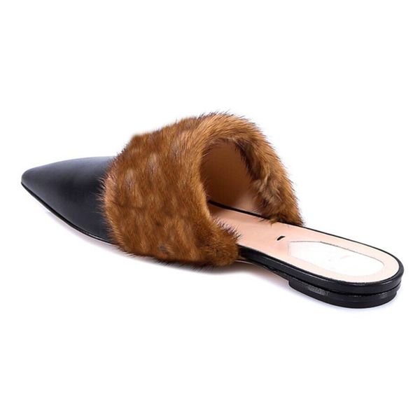 

autumn and winter new mink fur slippers for women designer leather flat heel letter pointed toe outer wear all-match calfskin ladies closed, Black