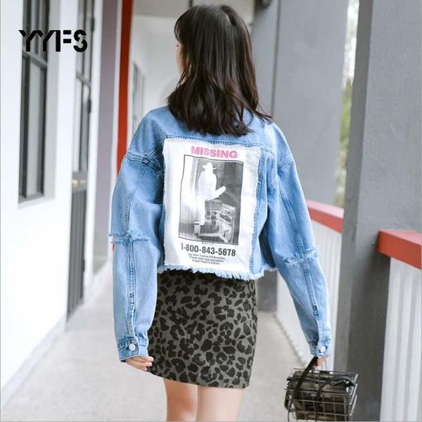 

women's jackets autumn funny print denim women vintage streetwear punk jean jacket female frayed ripped hole coat casaco feminino, Black;brown