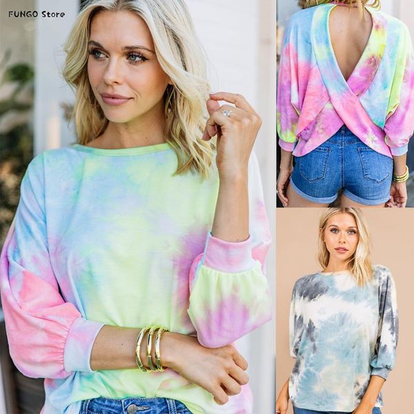 

spring summer women's round neck halter sweater gradient color long-sleeved tie-dye home temperament leisure girl t-shirt, White