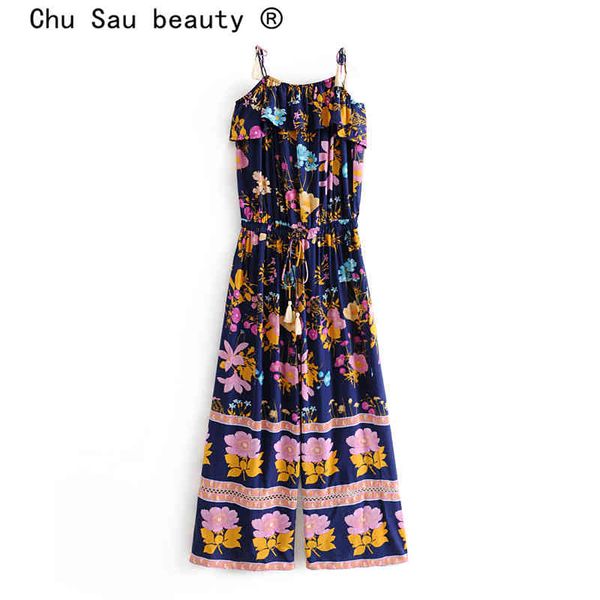 

boho vintage solanum nigrum flowers print strap jumpsuits women backless tassles sashes jumpsuit vestidos de verano 210508, Black;white