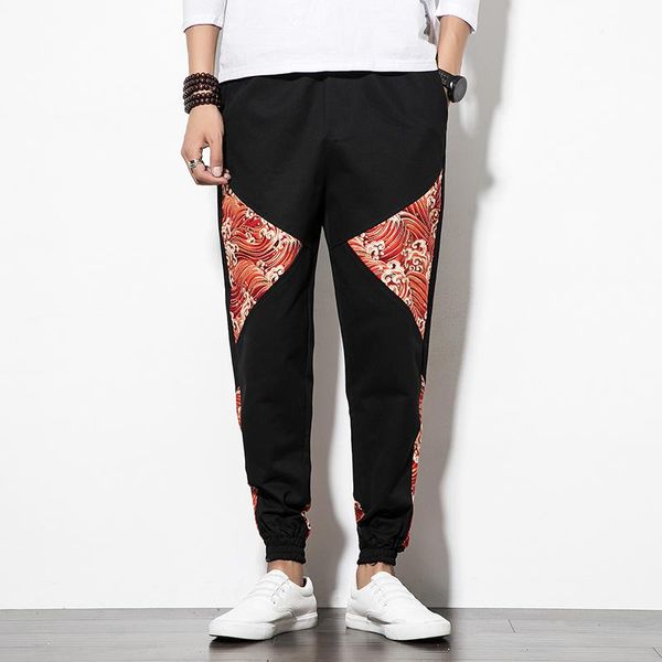 

men's pants 100% cotton men joggers casual patchwork breathable chinese style pantalones hombre 2021 fashion vintage trousers male, Black