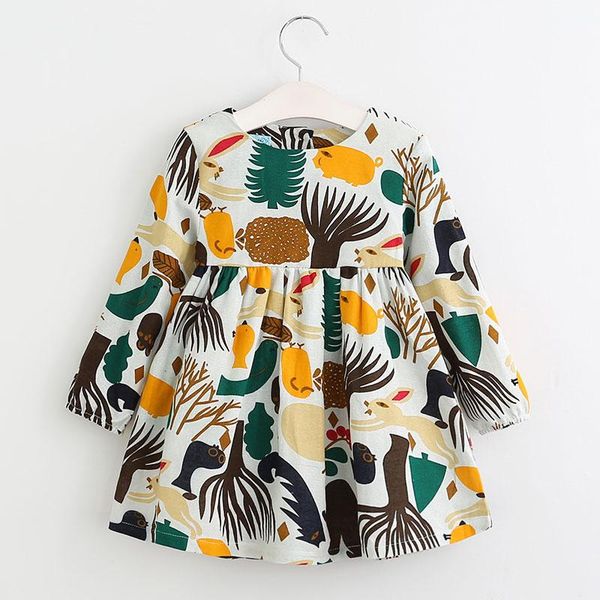 

girl's dresses girls dress 2021 spring england style clothes long sleeve cartoon forest animals graffiti for kids, Red;yellow
