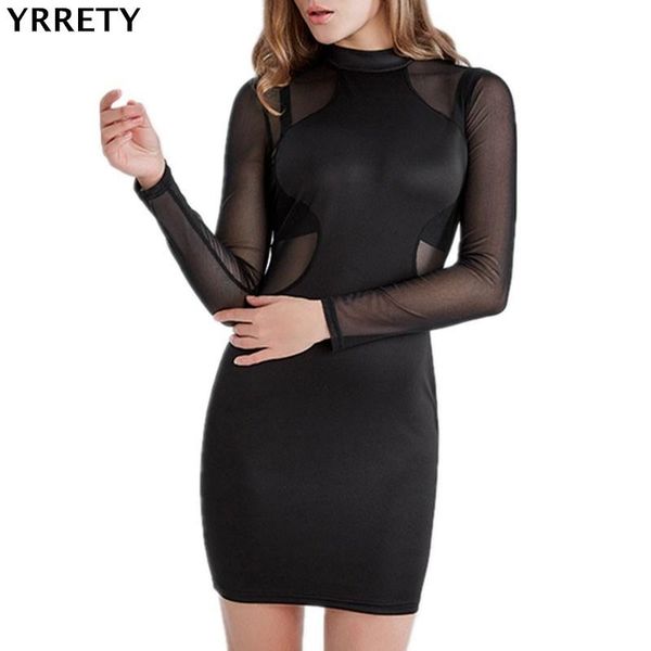 

casual dresses yrrety -xl bandage dress winter black long sleeve mesh patchwork hollow out pencil bodycon female, Black;gray