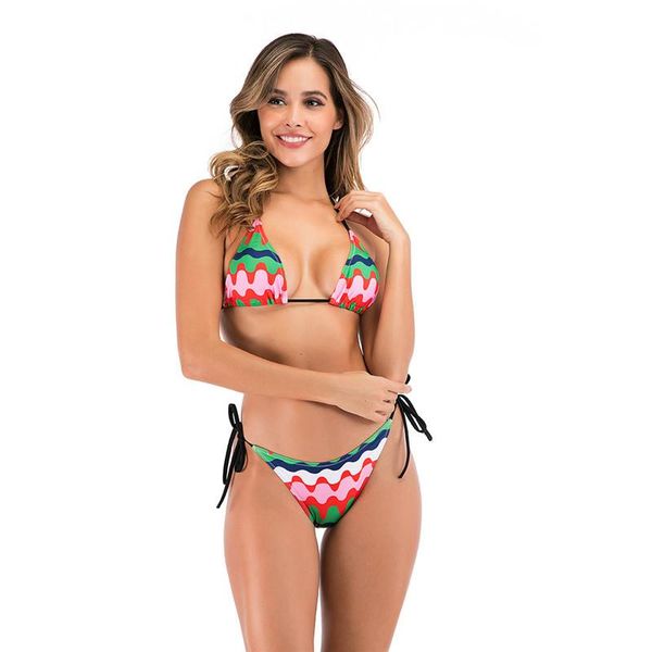 

women's swimwear 2021 women bikini neck-hanging swimsuit stripes fruit printed v neck lace-up bra low waist briefs beach wear woman, White;black