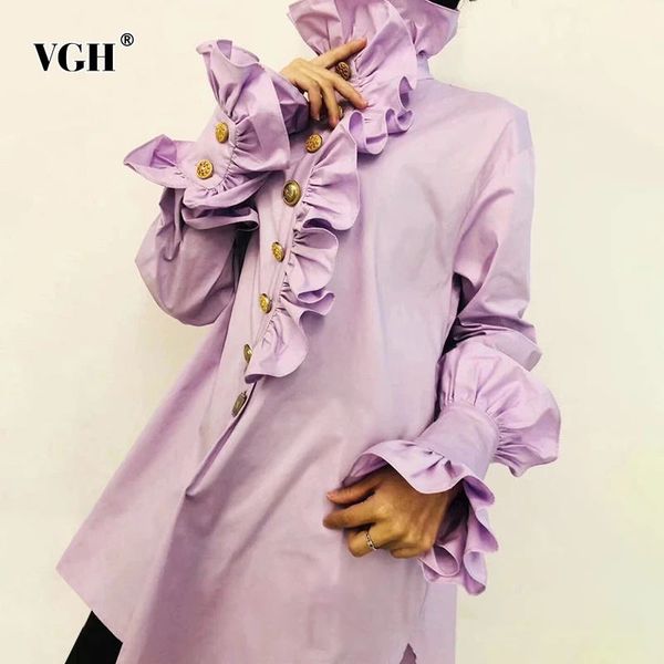 

vgh solid patchwork ruffle shirt for female turtleneck flare long sleeve elegant black blouse female fashion new spring 210421, White