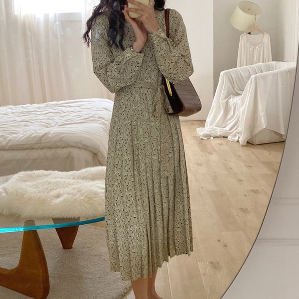 

dresses french romantic elegant retro pleated round neck waist women soft floral lace up chic fashion loose, Black;gray