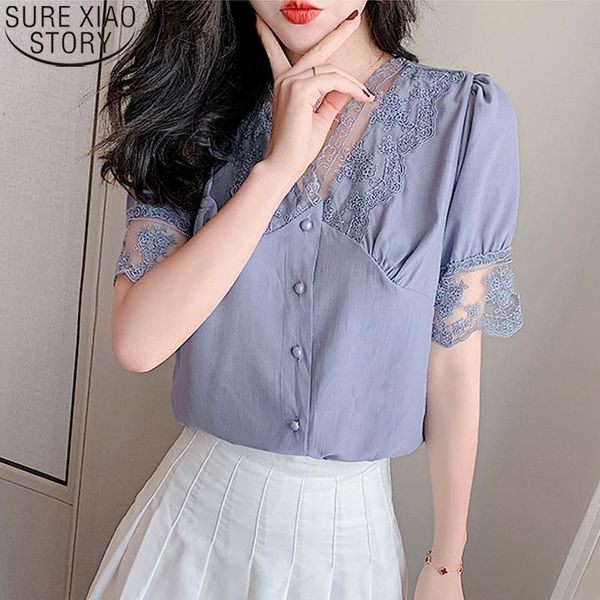 

women's blouses & shirts lace chiffon blouse womens and 2021 summer v-neck cardigan fashion solid short sleeve woman's 10022, White