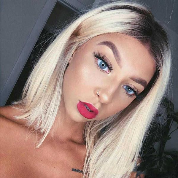 

wig, wig, women's short straight hair, middle parting and gradual discoloration mechanism, chemical fiber headgear, Black