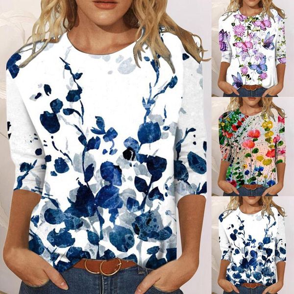 

women's blouses & shirts flower printed blouse mid-length sleeves crew-neck casual tee vintage for women fashion elegant chemise r5, White