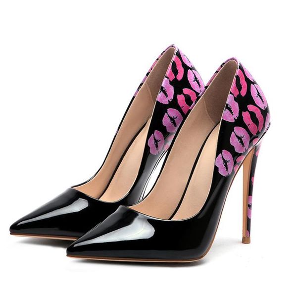 

women graffiti high heels pointed toe shoes lip pattern female brand pumps 8cm 10cm 12cm stiletto wedding 34-45 dress, Black