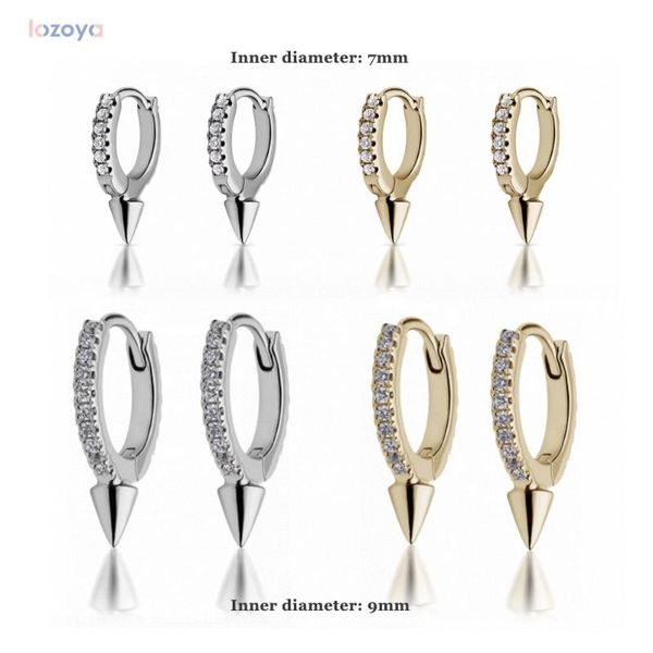 

hoop & huggie lozoya 925 sterling silver 9mm middle spike crystal cz zircon hoops women earring clips loops ring circle jewelry, Golden;silver