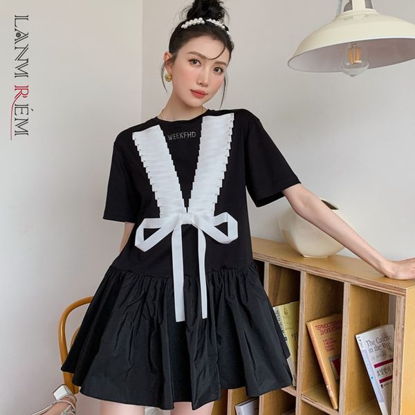 

women dress desgin bow a-line patchwork round neck temperament fashion tide summer 2h282 210507, Black;gray