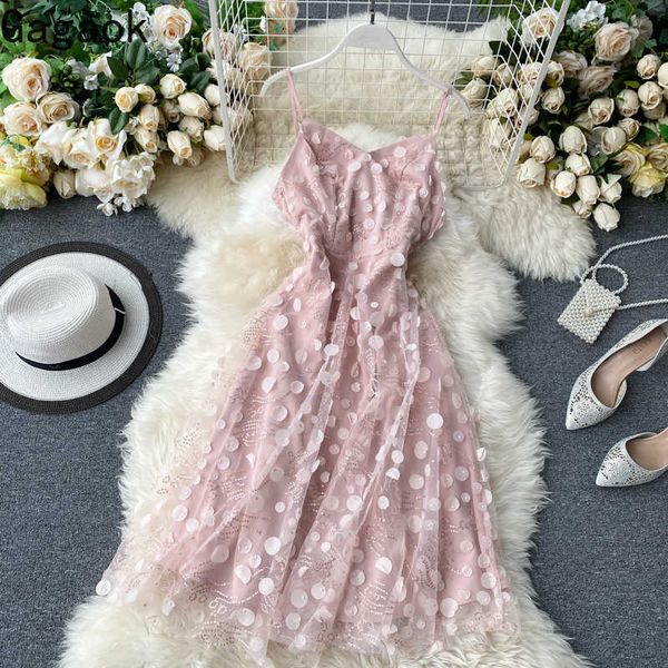 

women party dress summer embroidery spaghetti strap dot a-line sweet chic slim wild female midi fashion dresses 210531, Black;gray