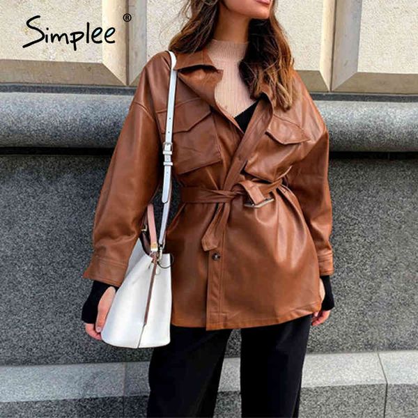

fashion pu leather women jacket coat sash belt buttons pockets female loose jackets long sleeve outwear ladies overcoats 210414, Black