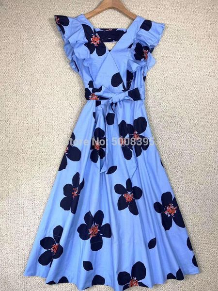 

party dresses [7evening] - woman fashion blue big floral print cotton midi dress v-neck short sleeves with ruffles cut out back, White;black