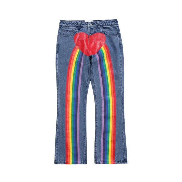 

men's jeans 2021 korean fashion rainbow striped men hip hop flare pants cotton straight casual oversize denim trousers pantalon homme, Blue