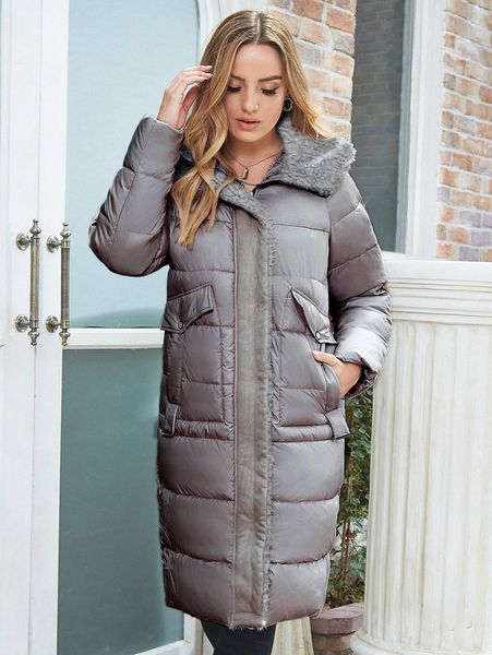 

ziai zip up dual pocket fuzzy trim hooded winter coat p89y#, Black