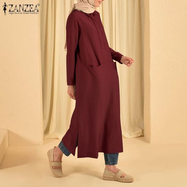

ethnic clothing long sleeve maxi vestidos 2022 women solid ol sundress kaftan muslim dress female casual lapel side split robe oversi, Red