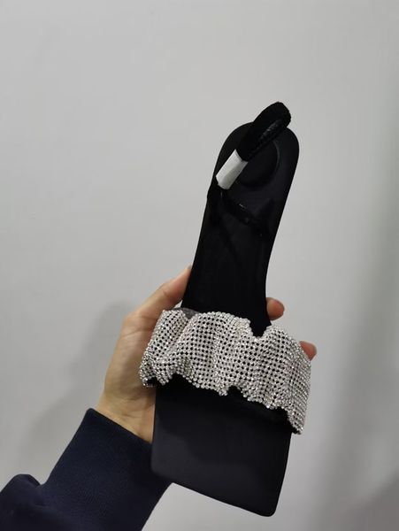 

anti stripping stable white diamond pleated women's high-heeled slippers with back trip square toe women's sandals party wedding f, Black