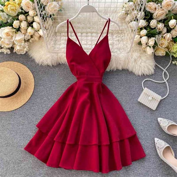 

summer women v-neck sling cascade ruffles short dress high waist slim beach backless butterfly bandage red dresses 210430, Black;gray