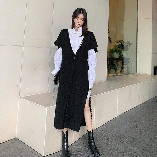 

women's vests women split joint solid color temperament loose fit vest v-collar sleeveless fashion tide spring autumn 2021 v675, Black;white