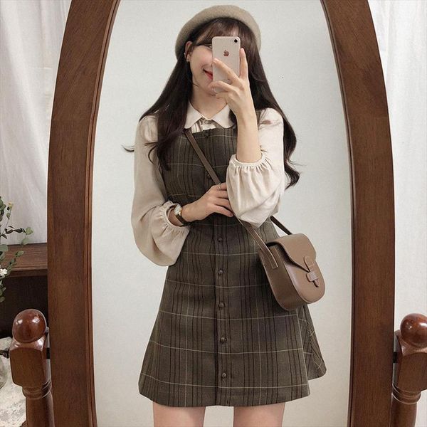 

korean chic sweet kawai womens dresses casual long sleeve blouse plaid pinafore dress cute mini japanese style design vintage retro, Black;gray