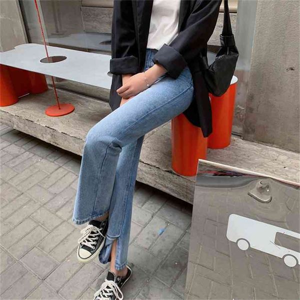 

blue loose jeans denim split pants plus size solid high waist all match streetwear woman casual wide leg 210429
