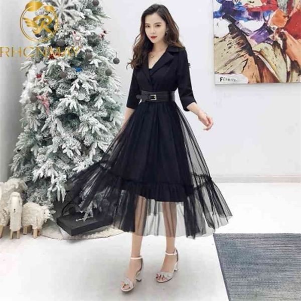 

mesh patchwork elegant blazer dresses vestidos spring notched collar half sleeve long dress belt 210520, Black;gray
