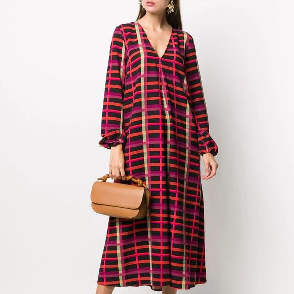 

spring loose v-neck long sleeve women dress casual dresses, Black;gray