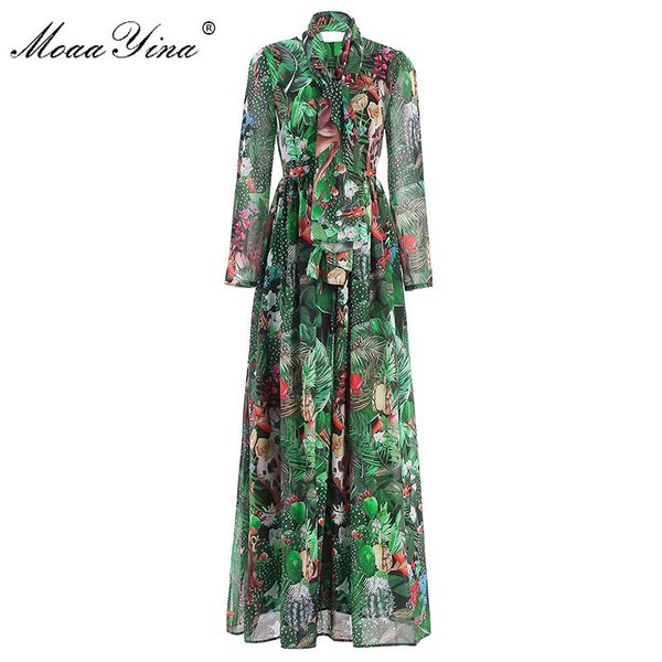 Moda Designer Dress Primavera Outono Mulheres Vestido de Manga Longa Floral-Print Maxi Vestidos 210524