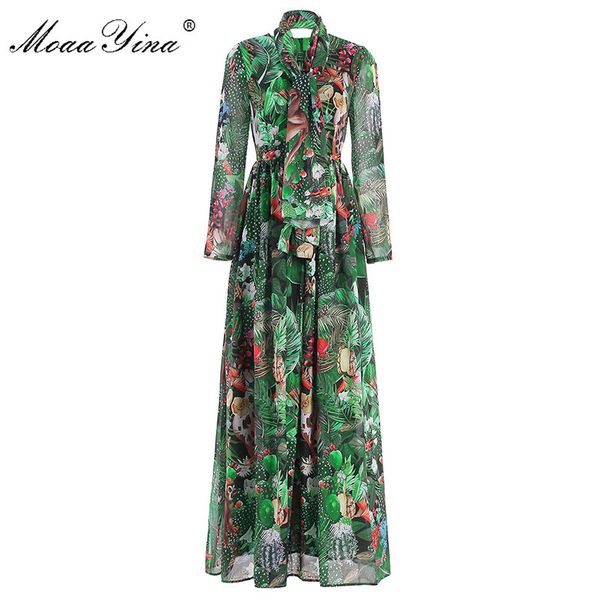 

fashion designer dress spring autumn women dress long sleeve rainforest floral-print maxi dresses 210524, Black;gray
